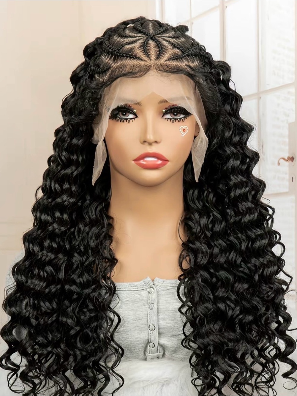 Lace Front Curly Braided Synthetic Wig —  26 inch Black
